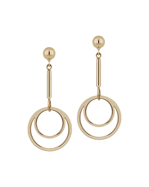 Pair of circle drop earrings with concentric double rings, 22 carat gold gilded.