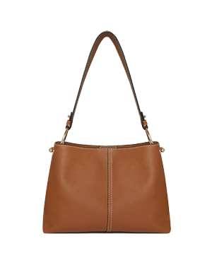 Tan leather hobo bag with single shoulder strap and centre seam