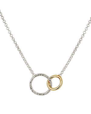 Sterling silver halo necklace with textured silver ring and 24ct gold gilded ring.
