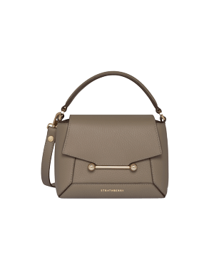Strathberry Mosaic Nano taupe leather bag with top handle, detachable strap and gold hardware