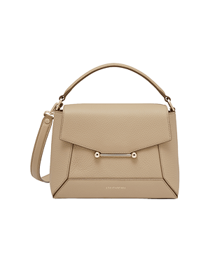 Sand-coloured leather Strathberry mosaic bag with top handle and detachable shoulder strap.