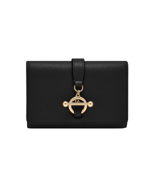 Black trifold wallet with pebbled leather texture and gold circular bar fastening