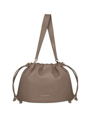 Taupe Strathberry Charlotte Midi drawstring bag with shoulder strap and gold logo