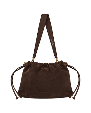 Chocolate suede drawstring bag with wide shoulder strap and side cords.