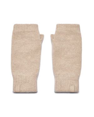 Pair of oat-coloured fingerless cashmere gloves laid flat with thumb openings visible.