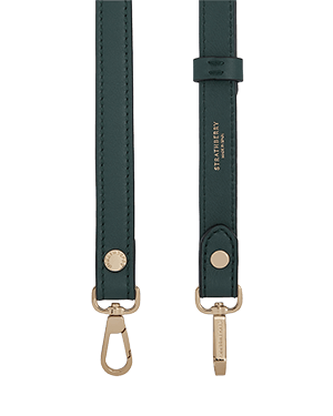 Bottle green thin adjustable leather strap with gold hardware and Strathberry logo.
