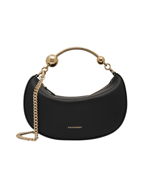 Black Strathberry Crescent Moon Mini bag with gold top handle and chain strap.