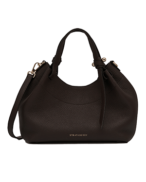 Strathberry Barra Mini espresso leather bag with top handles and long strap