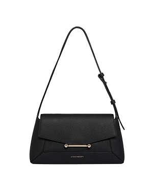 Black Strathberry Mosaic shoulder bag with pebbled leather, adjustable strap, gold bar hardware.