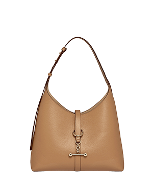 Caramel leather hobo bag with single shoulder strap and metal bar fastening