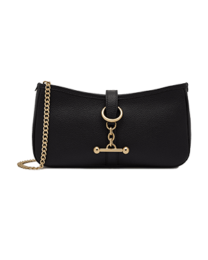 Black shoulder bag with gold chain strap and ring with horizontal bar clasp