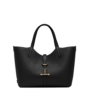 Black textured tote bag with short handles and gold bar fastening.
