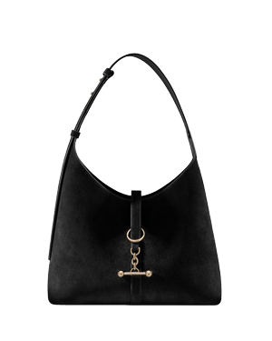 Black suede kite hobo bag with single shoulder strap and gold bar clasp.