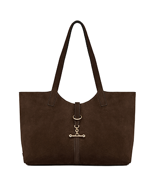 Chocolate suede tote bag with twin shoulder straps and central gold bar clasp.