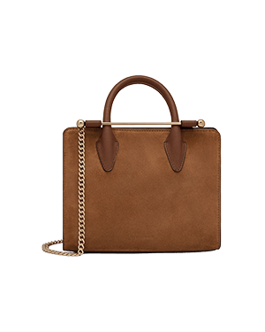 Tan suede mini tote with top handles and gold chain shoulder strap.