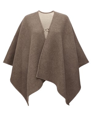 Taupe kite woven cape with V-neck and front clasp fastening