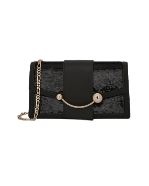 Black sequin shoulder bag with gold chain and crescent metal bar.