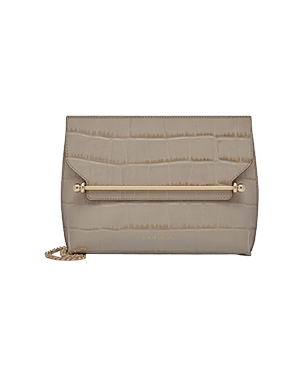 Croc-embossed stylist bag with gold bar detail and chain strap.