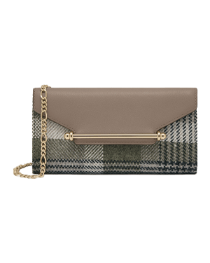 Taupe leather chain wallet with tartan fabric panel and gold bar closure.