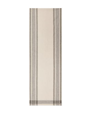 Cream cotton-linen table runner with narrow grey tartan stripes down its length.