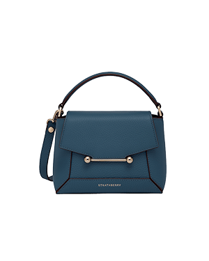 Strathberry Mosaic Nano top handle bag in loch blue leather with gold bar.