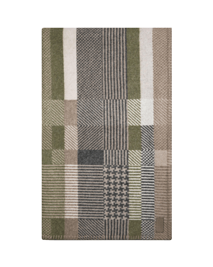 Strathberry tartan wool and cashmere blanket in green, beige and grey checks.