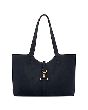 Navy suede kite tote bag with long straps and gold-tone clasp.