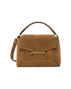 Toffee suede mosaic bag with espresso trim, top handle, detachable strap, metal bar.