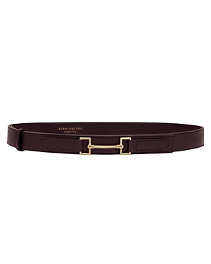 Burgundy Strathberry Stockbridge belt with gold T-bar hardware, laid flat