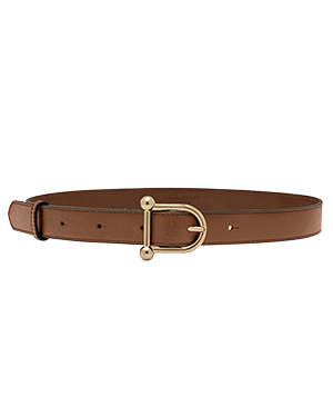 Hazelnut leather belt with gold D-shaped buckle and stitched edges.