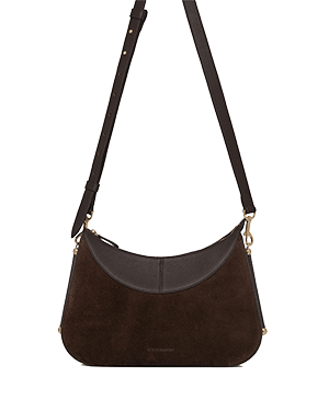 Nest shoulder bag in espresso suede with adjustable strap and gold hardware.