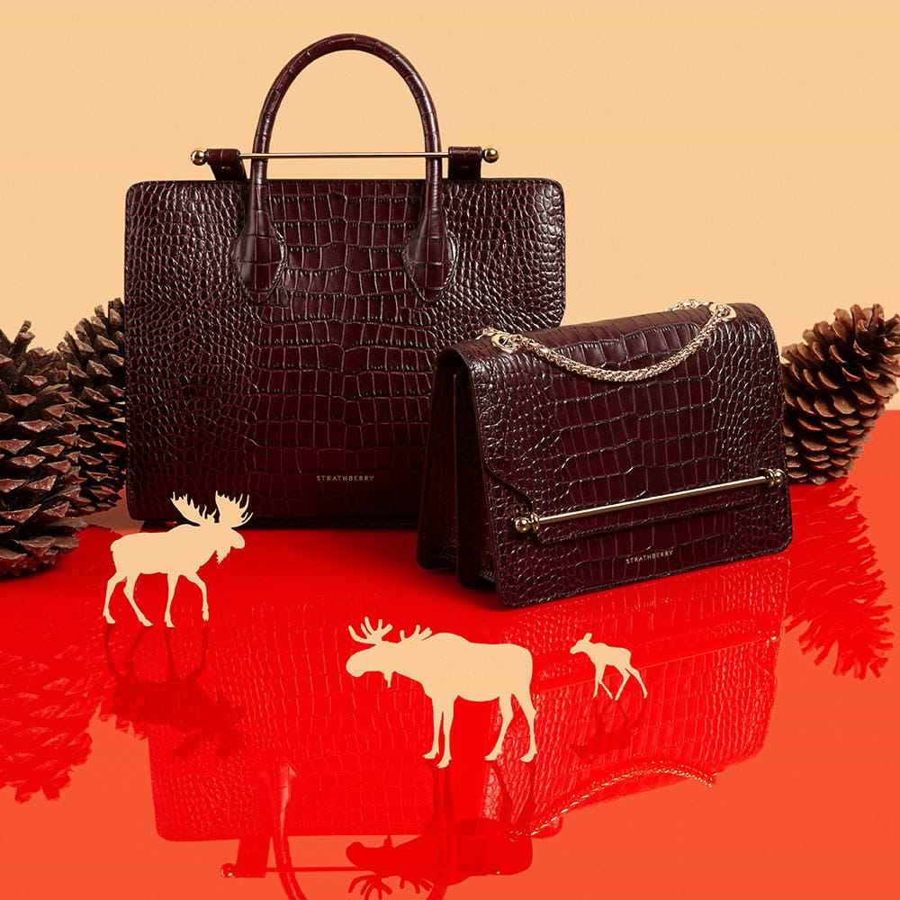 Three pieces of handbags on a red surface with pine cones