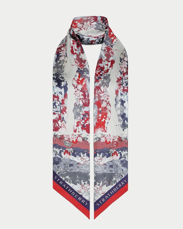 A red, white, and blue tie with a design on it