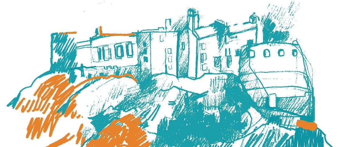 A drawing of a castle on top of a hill