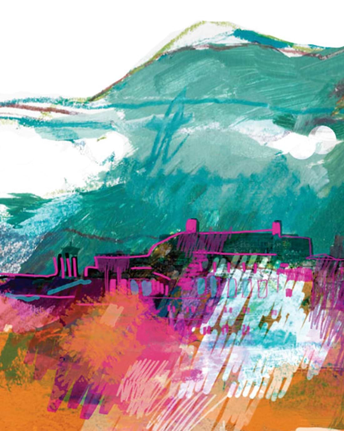 A painting of a mountain with a sky in the background