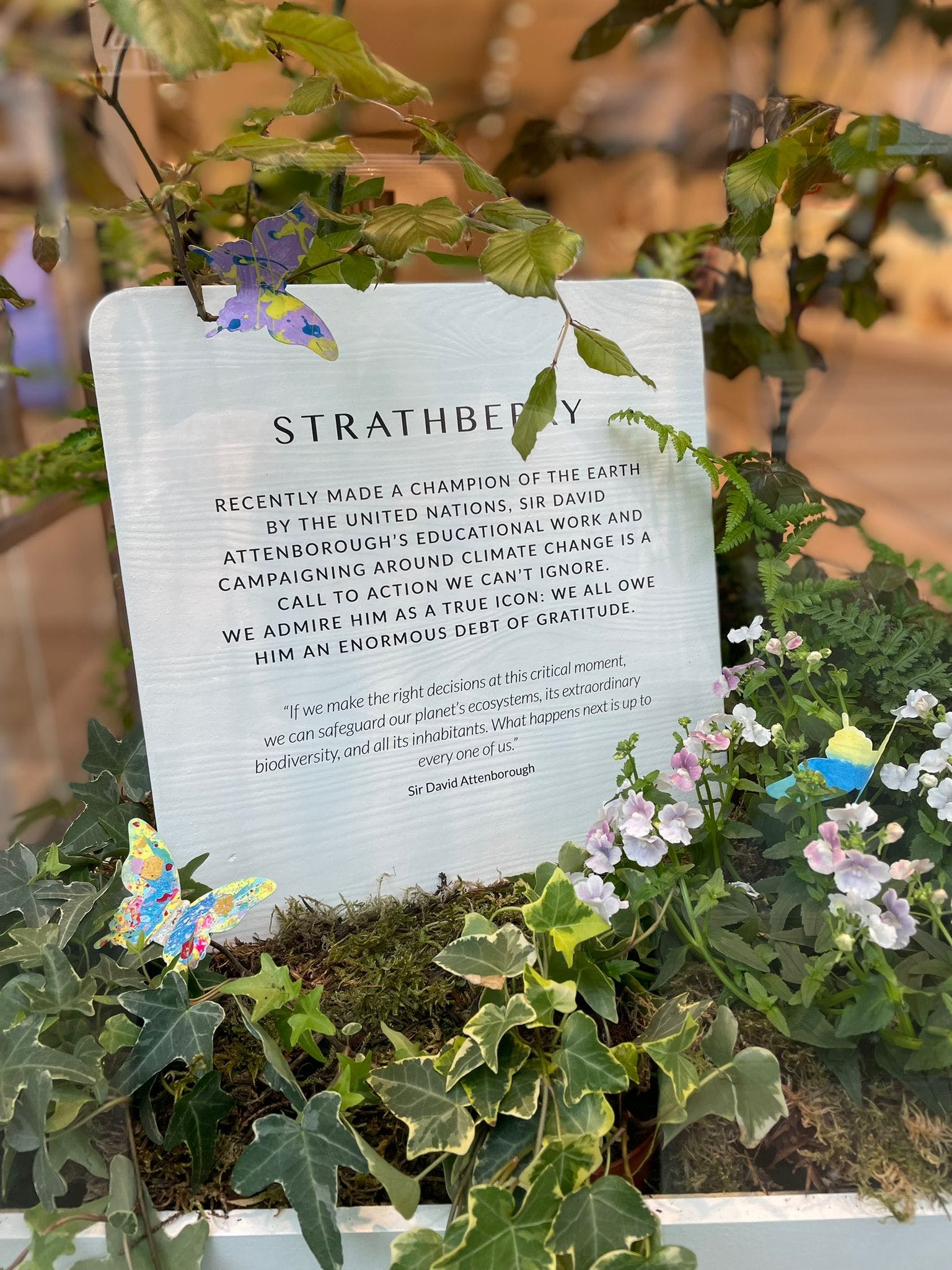 A sign that is sitting in a planter