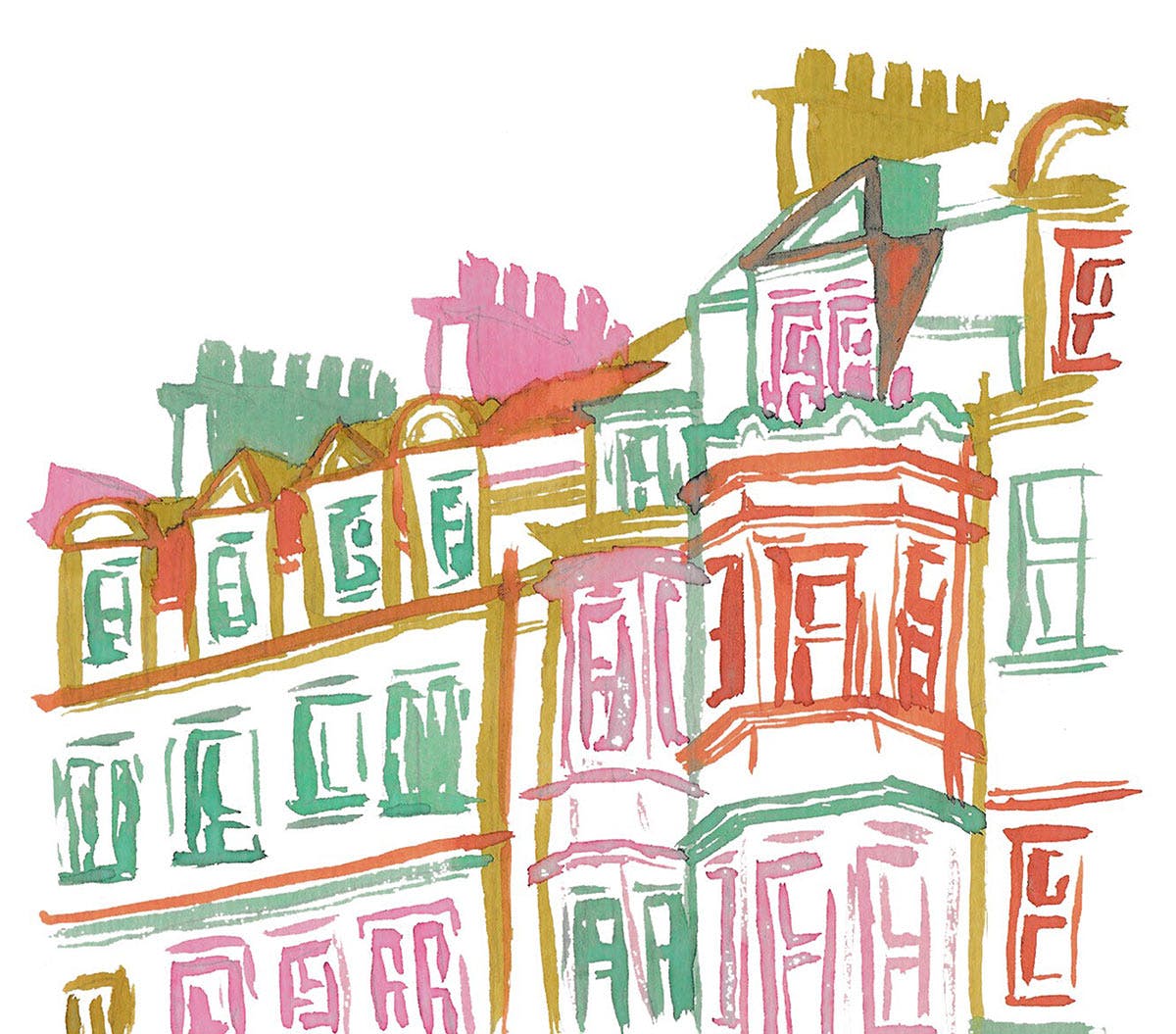 A drawing of a building with many windows