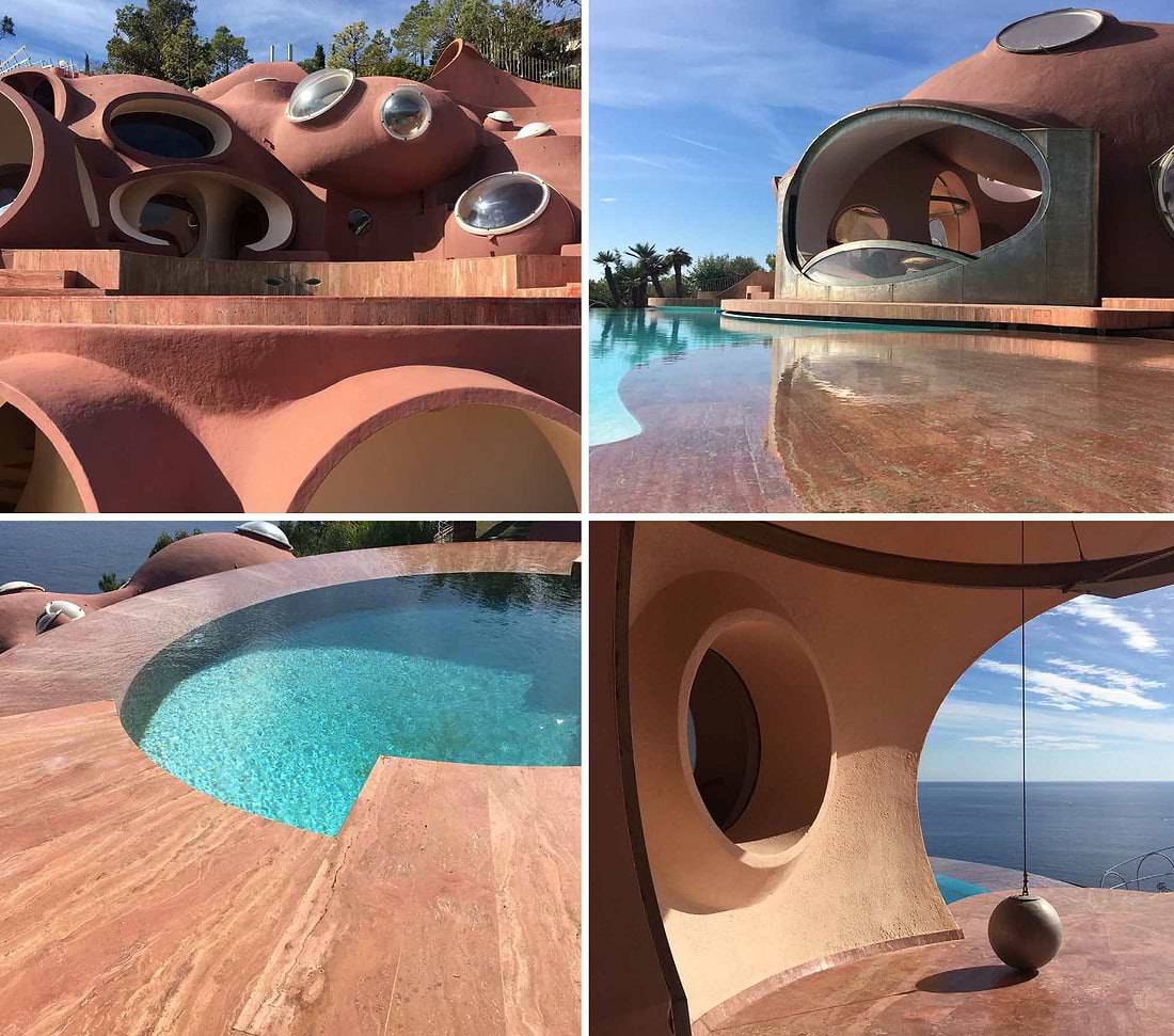 A collage of photos of a house with a pool