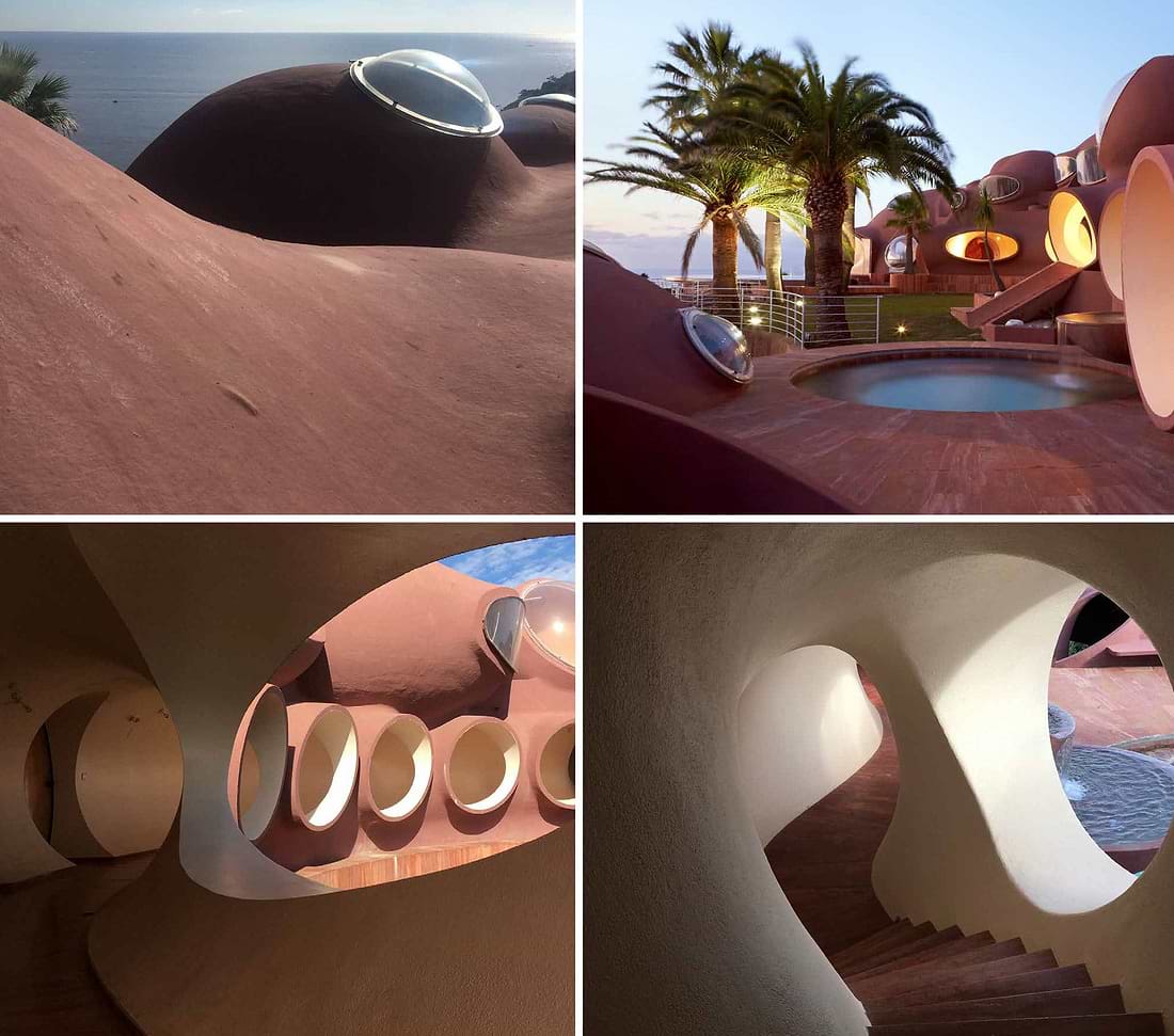 A collage of photos of a house and a pool