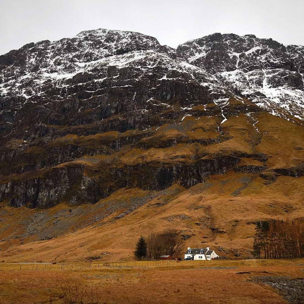 A house in the middle of a field with a mountain in the background