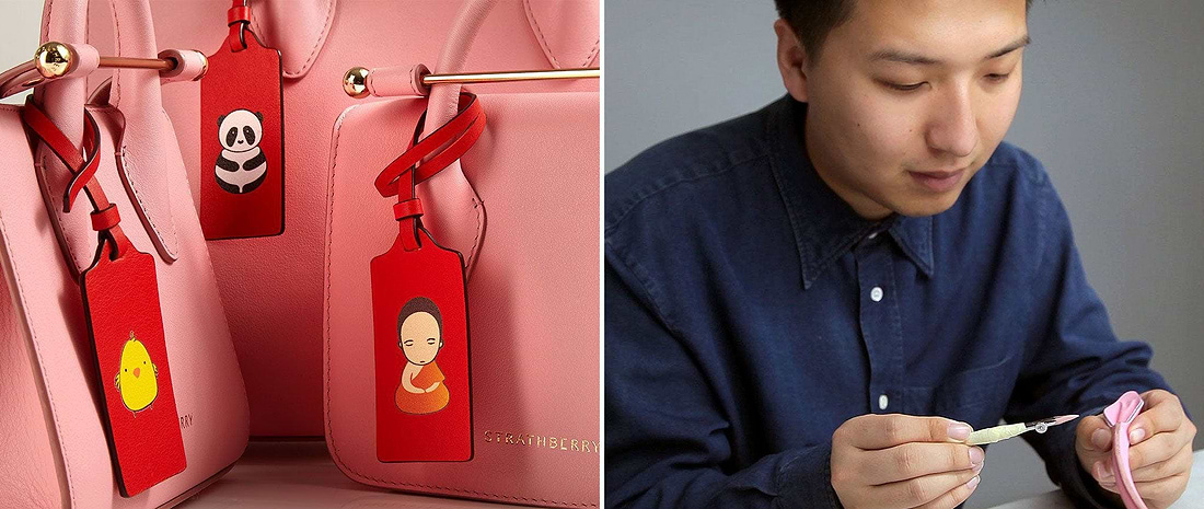 A man holding a toothbrush next to a pink purse