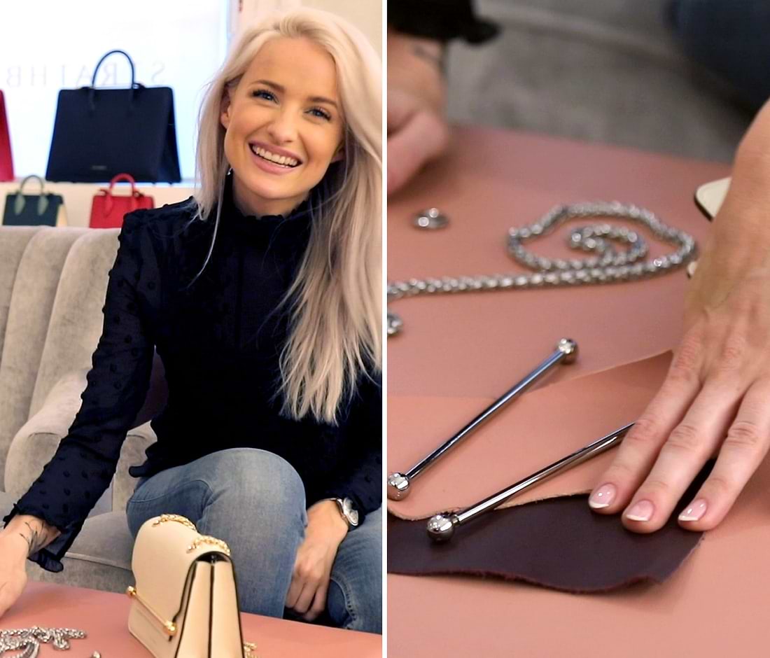 A woman sitting on a couch next to a table with jewelry on it