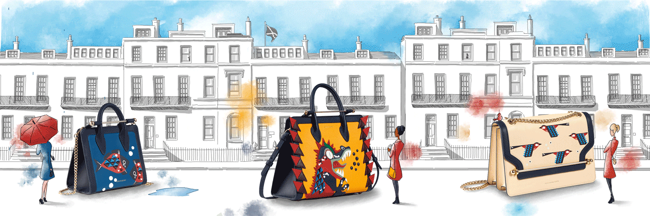 A drawing of three bags in front of a building