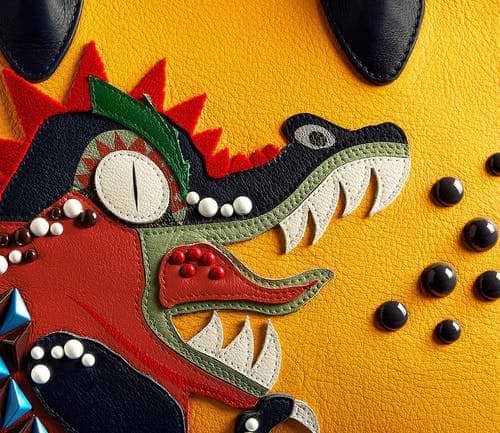 A close up of a colorful animal on a yellow surface