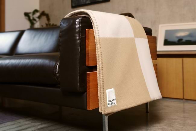 A couch with a blanket on top of it