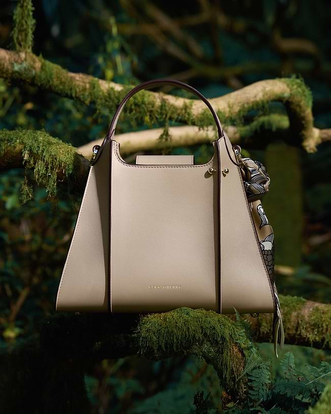 A white purse hanging from a tree branch