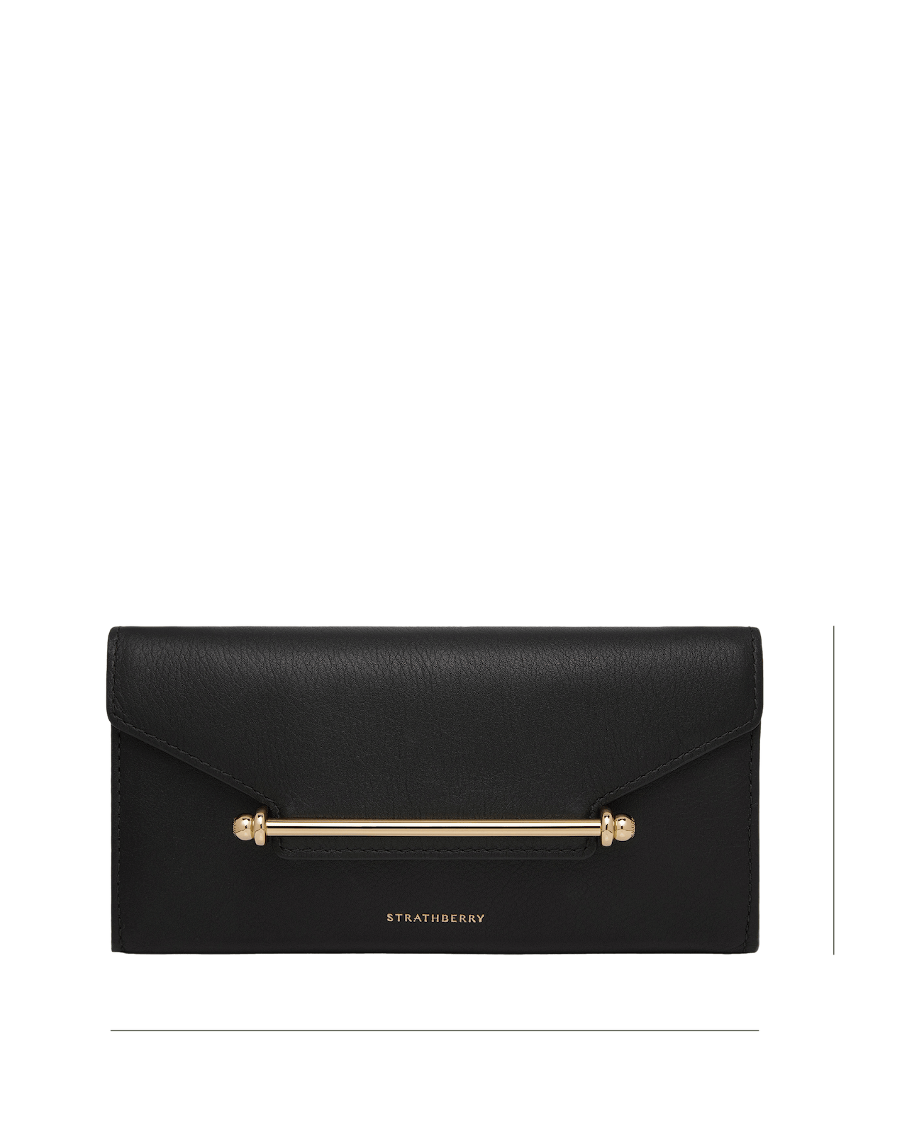 A black wallet with a gold bar on the front