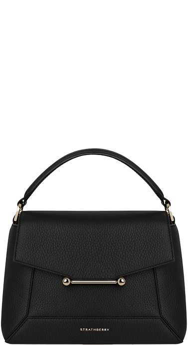 A black handbag with a metal handle