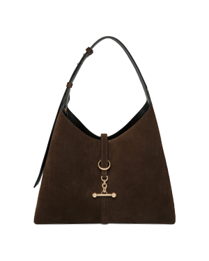 Chocolate suede hobo bag with single shoulder strap and gold bar closure.
