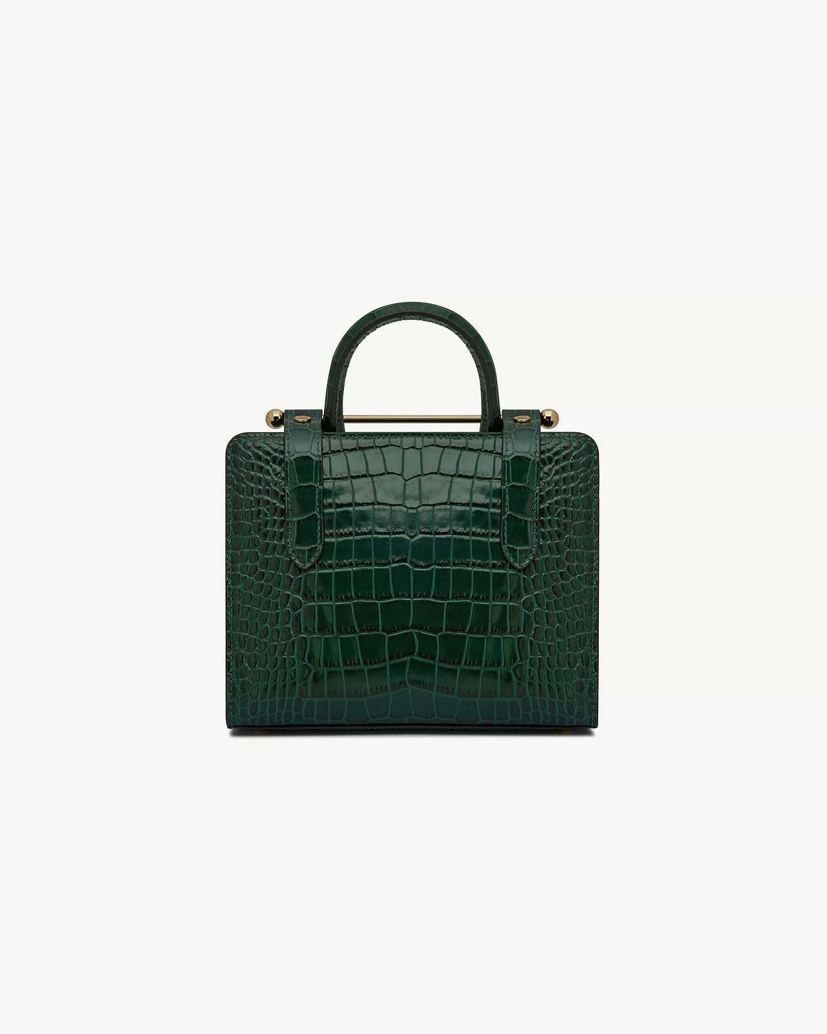 Dark green croc-embossed mini tote with top handles and gold bar hardware.